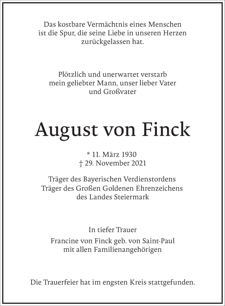  Traueranzeige für August von Finck vom 04.12.2021 aus Frankfurter Allgemeine Zeitung