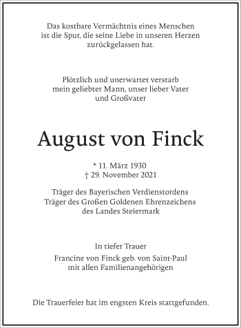 Traueranzeige von August von Finck von Frankfurter Allgemeine Zeitung