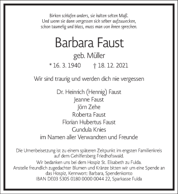 Traueranzeige von Barbara Faust von Frankfurter Allgemeine Zeitung