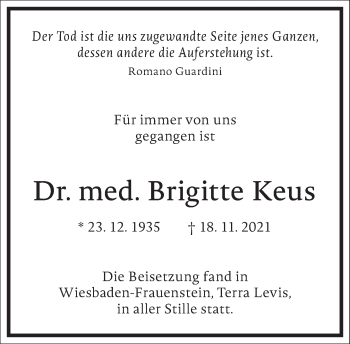 Traueranzeige von Brigitte Keus von Frankfurter Allgemeine Zeitung