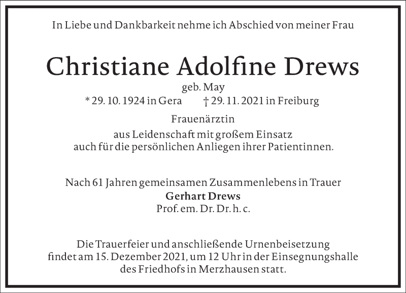  Traueranzeige für Christiane  Drews vom 08.12.2021 aus Frankfurter Allgemeine Zeitung