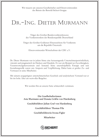 Traueranzeige von Dieter Murmann von Frankfurter Allgemeine Zeitung