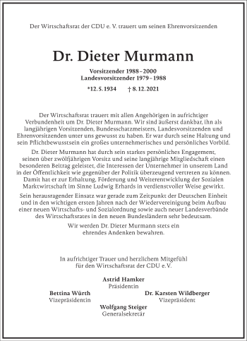 Traueranzeige von Dieter Murmann von Frankfurter Allgemeine Zeitung