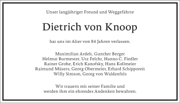 Traueranzeige von Dietrich von Knoop von Frankfurter Allgemeine Zeitung