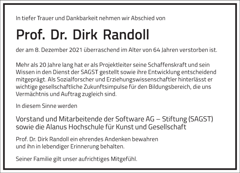  Traueranzeige für Dirk Randoll vom 15.12.2021 aus Frankfurter Allgemeine Zeitung