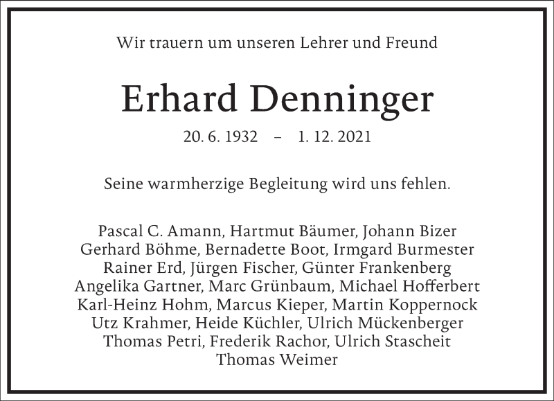  Traueranzeige für Erhard Denninger vom 11.12.2021 aus Frankfurter Allgemeine Zeitung
