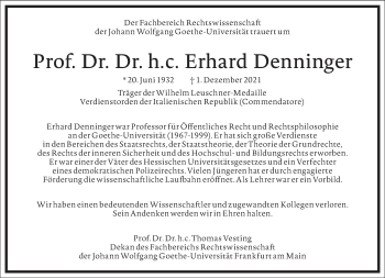 Traueranzeige von Erhard Denninger von Frankfurter Allgemeine Zeitung