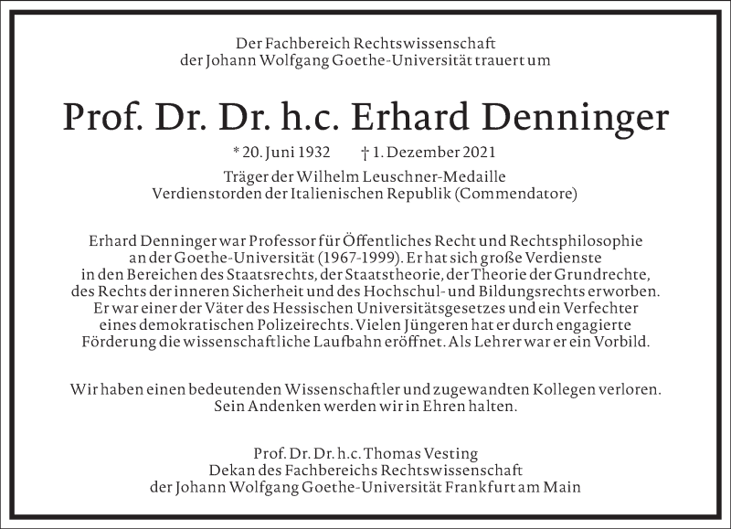  Traueranzeige für Erhard Denninger vom 11.12.2021 aus Frankfurter Allgemeine Zeitung