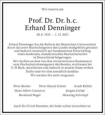 Traueranzeige von Erhard Denninger von Frankfurter Allgemeine Zeitung