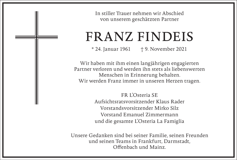  Traueranzeige für Franz Findeis vom 04.12.2021 aus Frankfurter Allgemeine Zeitung