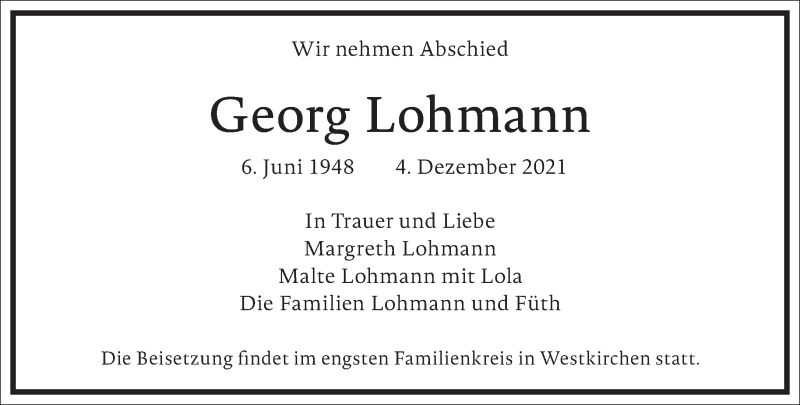  Traueranzeige für Georg Lohmann vom 10.12.2021 aus Frankfurter Allgemeine Zeitung
