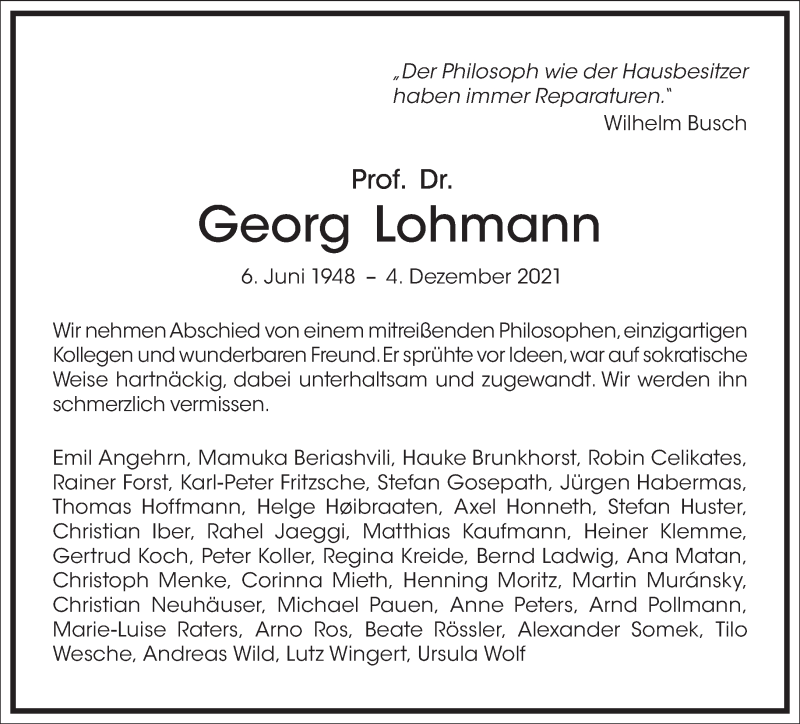  Traueranzeige für Georg Lohmann vom 18.12.2021 aus Frankfurter Allgemeine Zeitung
