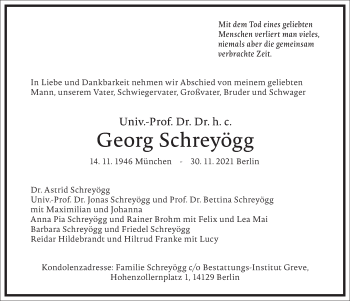 Traueranzeige von Georg Schreyögg von Frankfurter Allgemeine Zeitung