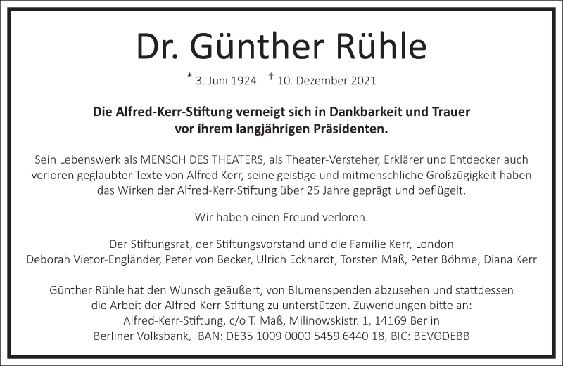  Traueranzeige für Günther Rühle vom 15.12.2021 aus Frankfurter Allgemeine Zeitung