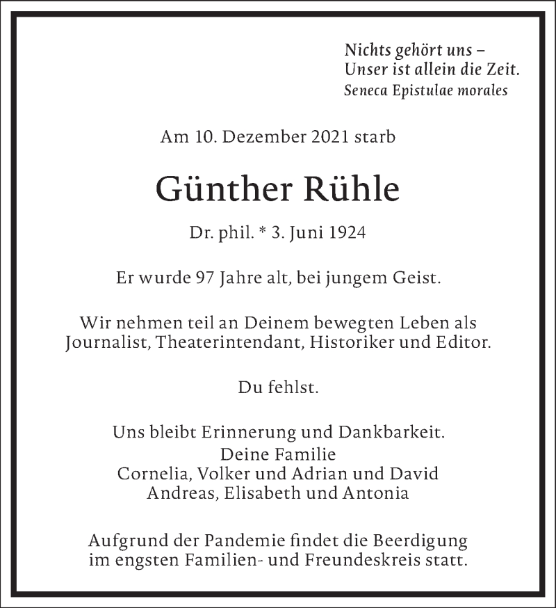  Traueranzeige für Günther Rühle vom 01.01.0001 aus Frankfurter Allgemeine Zeitung