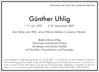 Traueranzeige von Günther Uhlig von Frankfurter Allgemeine Zeitung