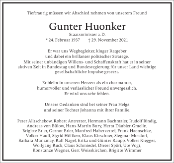 Traueranzeige von Gunter Huonker von Frankfurter Allgemeine Zeitung