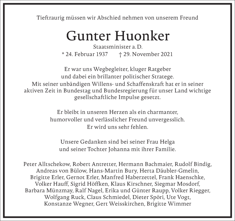  Traueranzeige für Gunter Huonker vom 11.12.2021 aus Frankfurter Allgemeine Zeitung