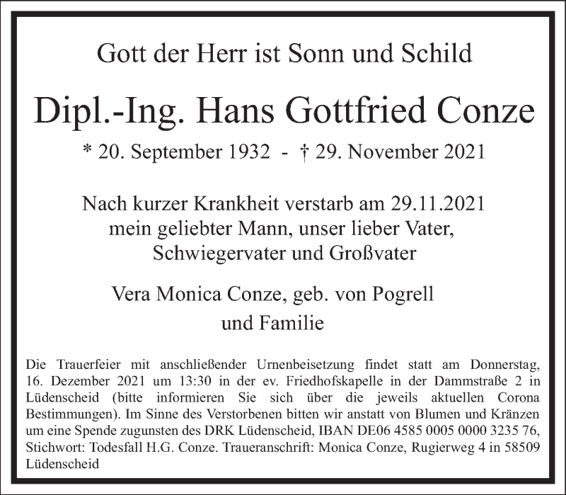  Traueranzeige für Hans Gottfried Conze vom 06.12.2021 aus Frankfurter Allgemeine Zeitung