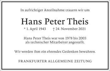 Traueranzeige von Hans Peter Theis von Frankfurter Allgemeine Zeitung