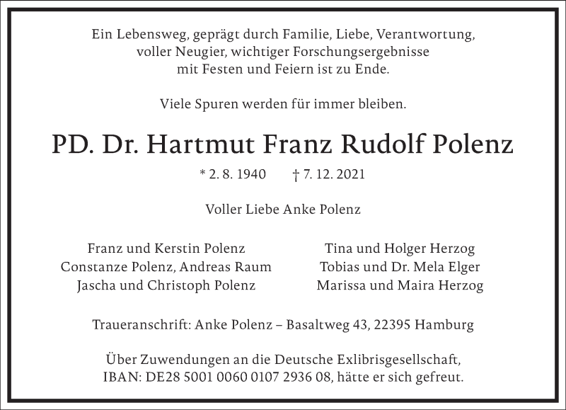  Traueranzeige für Hartmut Franz Rudolf Polenz vom 11.12.2021 aus Frankfurter Allgemeine Zeitung