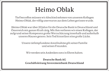 Traueranzeige von Heimo Oblak von Frankfurter Allgemeine Zeitung