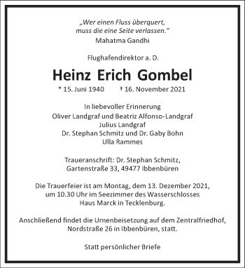 Traueranzeige von Heinz Erich Gombel von Frankfurter Allgemeine Zeitung