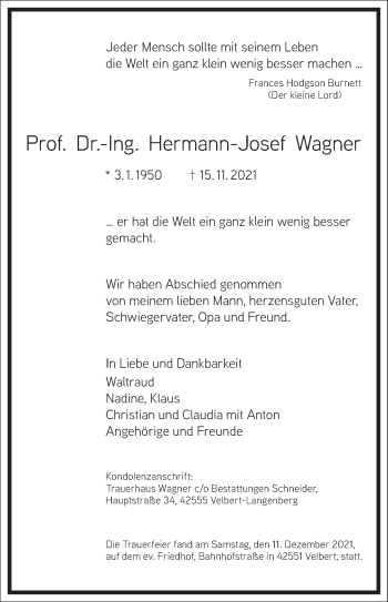 Traueranzeige von Hermann-Josef Wagner von Frankfurter Allgemeine Zeitung