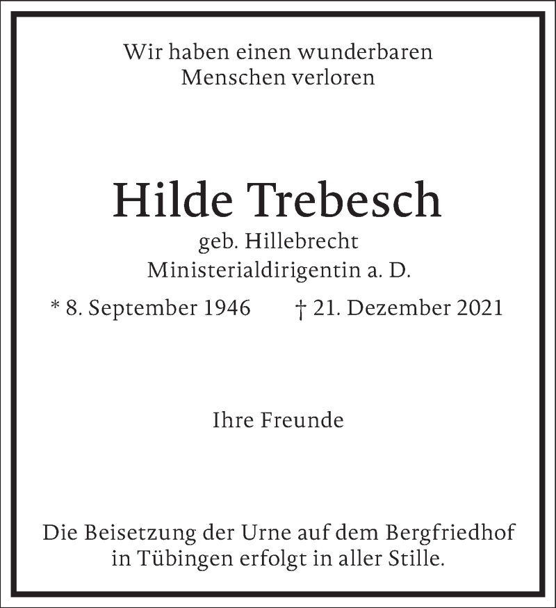  Traueranzeige für Hilde Trebesch vom 28.12.2021 aus Frankfurter Allgemeine Zeitung