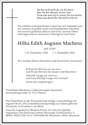 Traueranzeige von Hilka Edith Auguste Machens von Frankfurter Allgemeine Zeitung