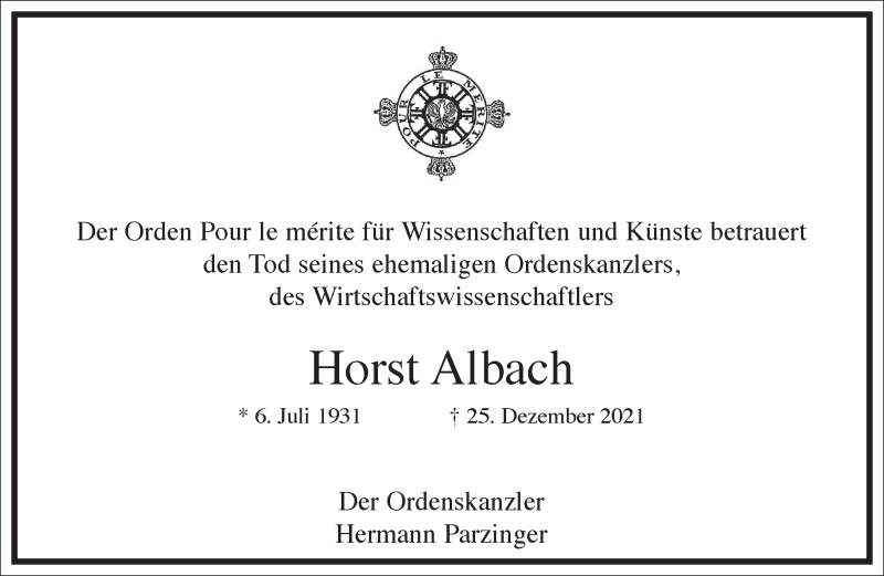  Traueranzeige für Horst Albach vom 31.12.2021 aus Frankfurter Allgemeine Zeitung