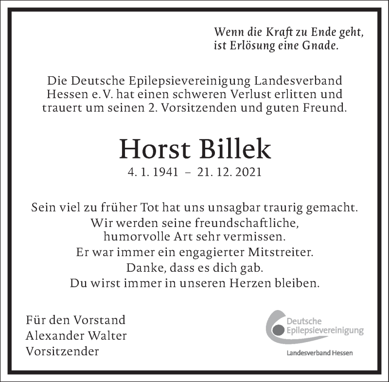  Traueranzeige für Horst Billek vom 31.12.2021 aus Frankfurter Allgemeine Zeitung