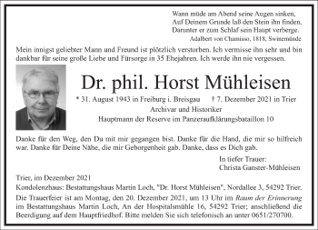 Traueranzeige von Horst Mühleisen von Frankfurter Allgemeine Zeitung