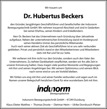 Traueranzeige von Hubertus Beckers von Frankfurter Allgemeine Zeitung