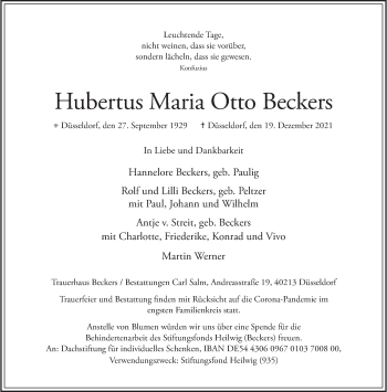 Traueranzeige von Hubertus Maria Otto Beckers von Frankfurter Allgemeine Zeitung