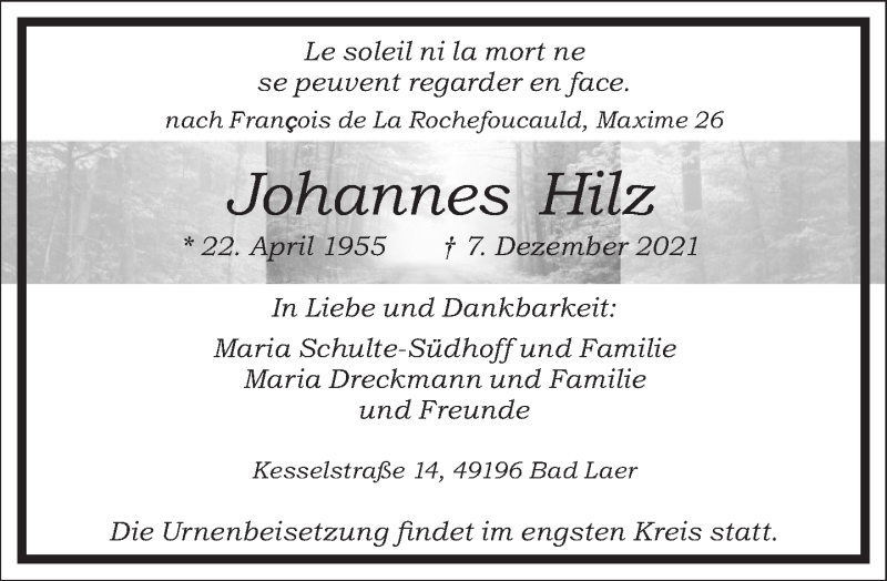  Traueranzeige für Johannes Hilz vom 11.12.2021 aus Frankfurter Allgemeine Zeitung