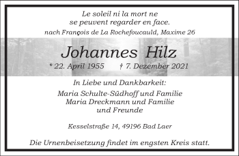 Traueranzeige von Johannes Hilz von Frankfurter Allgemeine Zeitung