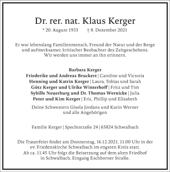 Traueranzeige von Klaus Kerger von Frankfurter Allgemeine Zeitung