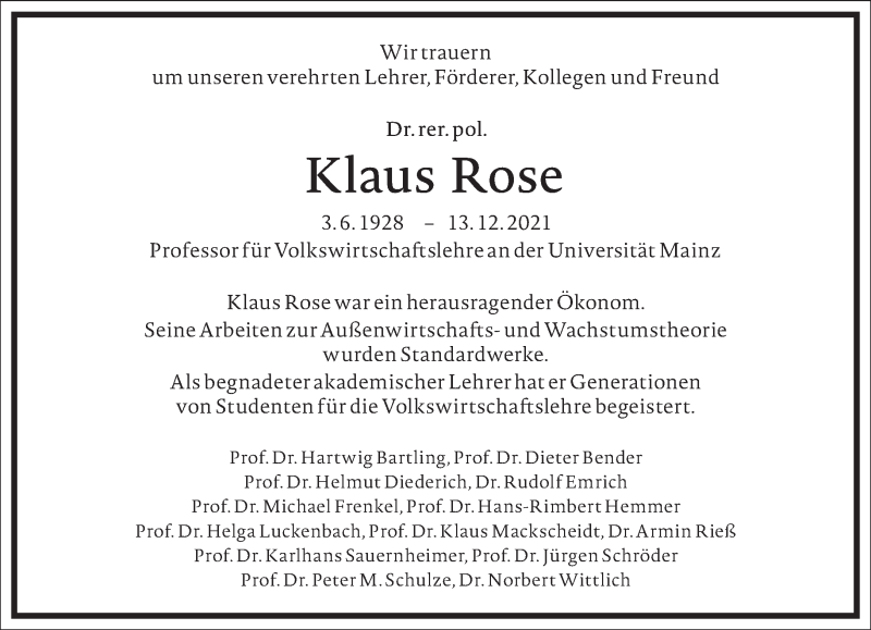  Traueranzeige für Klaus Rose vom 24.12.2021 aus Frankfurter Allgemeine Zeitung