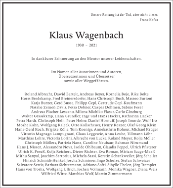 Traueranzeige von Klaus Wagenbach von Frankfurter Allgemeine Zeitung