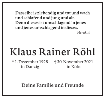 Traueranzeige von Klaus Rainer Röhl von Frankfurter Allgemeine Zeitung