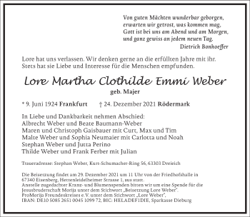 Traueranzeige von Lore Martha Clothilde Emmi Weber von Frankfurter Allgemeine Zeitung