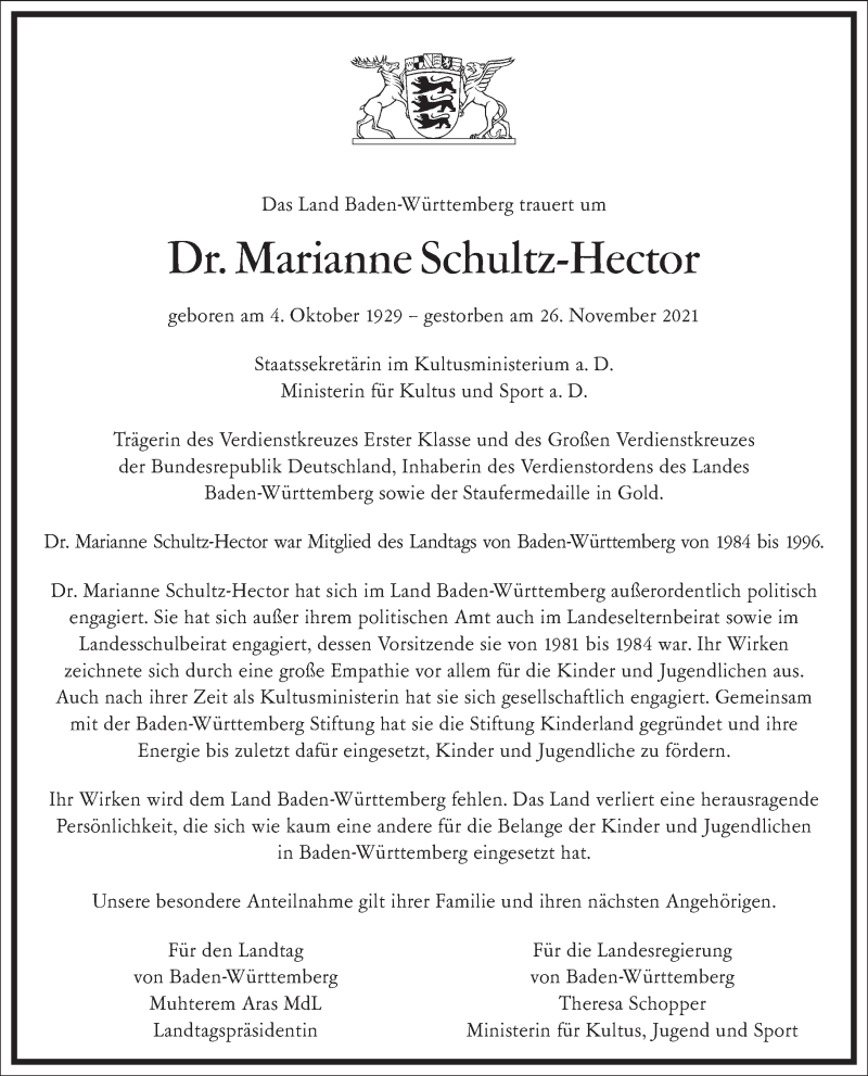  Traueranzeige für Marianne Schultz-Hector vom 02.12.2021 aus Frankfurter Allgemeine Zeitung