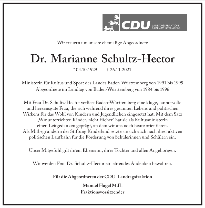  Traueranzeige für Marianne Schultz-Hector vom 04.12.2021 aus Frankfurter Allgemeine Zeitung