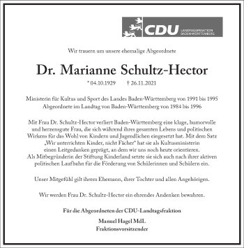 Traueranzeige von Marianne Schultz-Hector von Frankfurter Allgemeine Zeitung