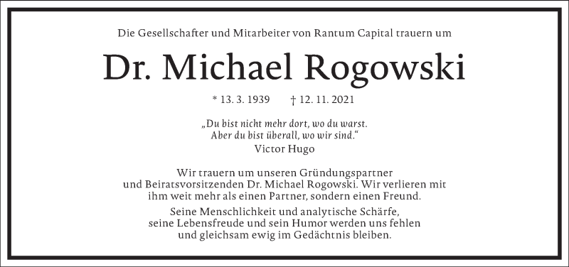  Traueranzeige für Michael Rogowski vom 04.12.2021 aus Frankfurter Allgemeine Zeitung