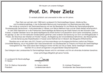 Traueranzeige von Peer Zietz von Frankfurter Allgemeine Zeitung