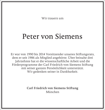 Traueranzeige von Peter von Siemens von Frankfurter Allgemeine Zeitung