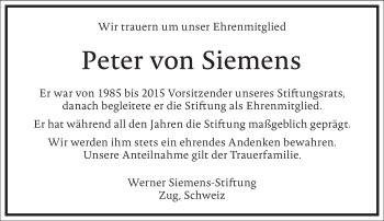 Traueranzeige von Peter von Siemens von Frankfurter Allgemeine Zeitung