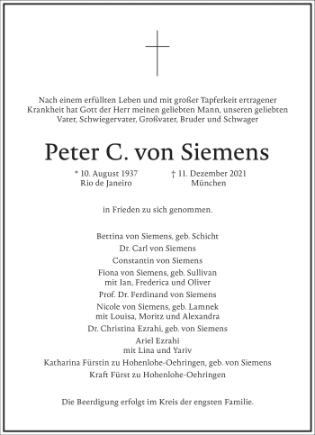 Traueranzeige von Peter C. von Siemens von Frankfurter Allgemeine Zeitung